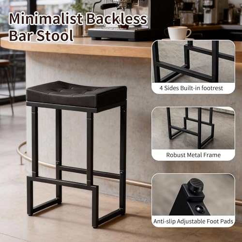 Image of FIRAVOE 28 inch Bar Stools Set of 3, PU Leather Backless Saddle Bar Stools
