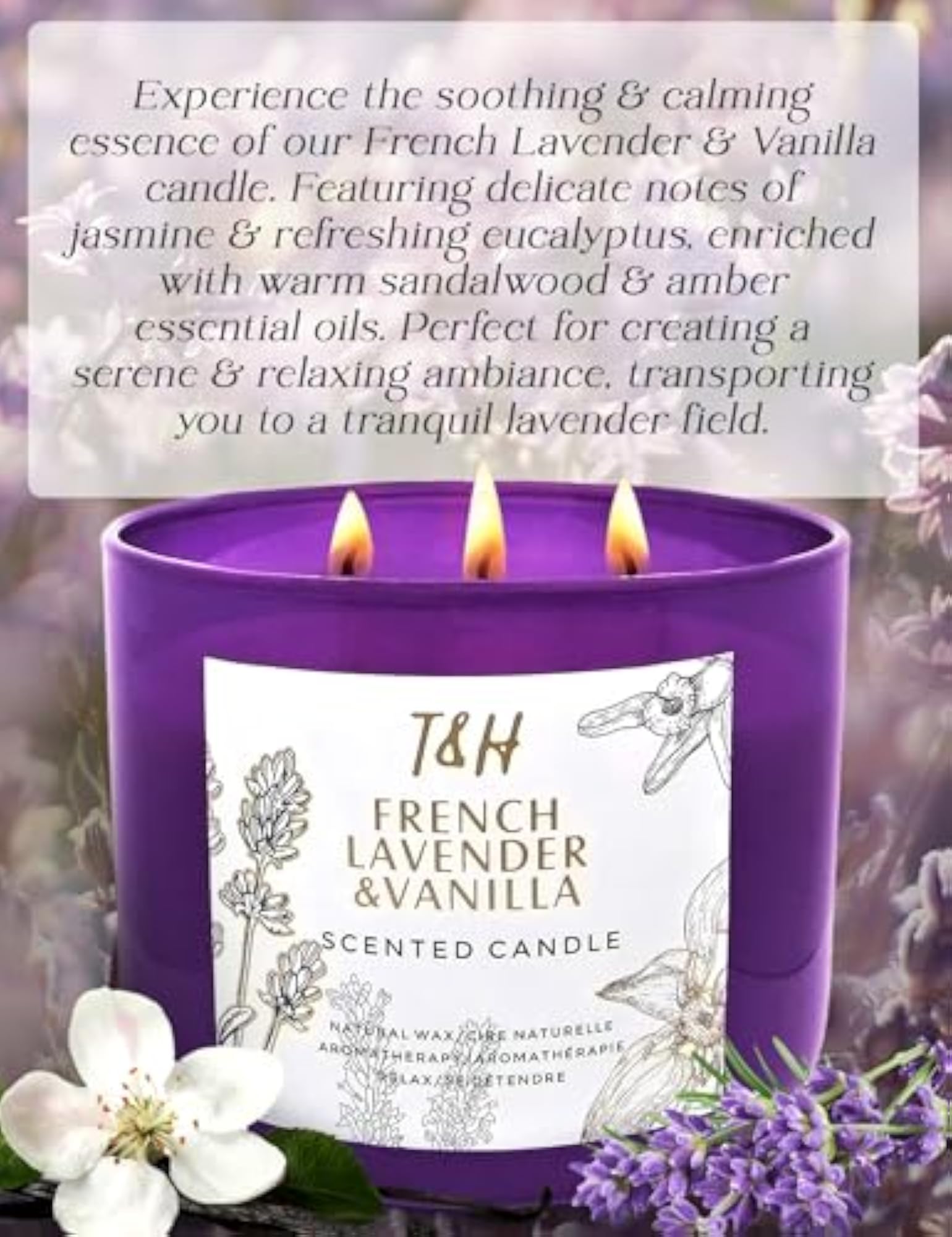 French Lavender & Vanilla Aromatherapy Candle, 3-Wick