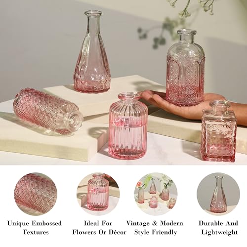 Image of Art Street Decorative Set of 5 Crystal Clear Bud Vase, Transparent Flower Glass Vase for Home Decor, Flower Pot, Wedding Decoration, Living Room, Bedroom and Office Decor(Color-Pink)