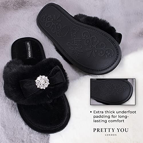 Pretty You London Women's Amelie Thong Slide Slipper with Bow and Rhinestone in Black3