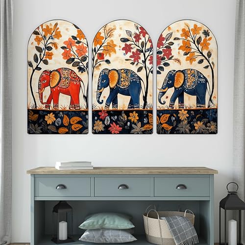 Image of Livin'luxe Elephant Wall Art | Set of 3 MDF Panel Paintings | Traditional Floral & Animal Theme Decorative Wall Hanging for Living Room, Bedroom & Home Interiors