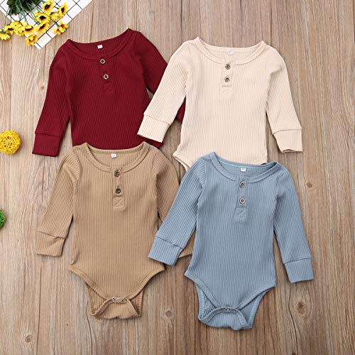 Seyurigaoka Newborn Unisex Baby Solid Bodysuit Basic Plain Rib Stitch Long Sleeve Romper Clothes for Infant Boy Girl Blue