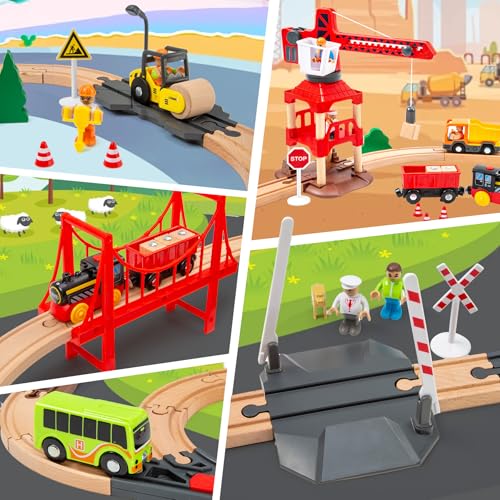 86PCS Wooden Train Set for Toddlers 3-5, Wooden Train Track Set with Magnetic Crane, Construction Train Toys Compatible with Thomas, Brio, IKEA Melissa & Doug, STEM Educational Gift for Kids — view 6