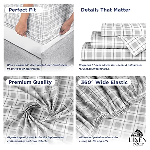 Image of Linen Home Cotton Lyocell Blend Percale Sheet Set Full Size - 4 Piece Deep Pocket Bedding, Pre-Washed & Shrunk, Crisp Cooling Fabric, Fade-Resistant, Hotel Luxury, Wrinkle-Free - Checks Silver