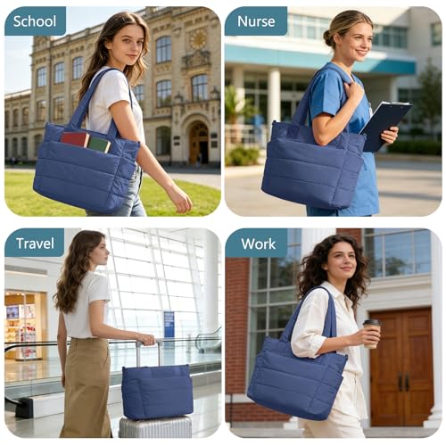 Image of Puffer Tote Bag for Women Quilted Nurse Bag Lightweight Work Bag for Teacher Travel Handbag with Multiple Pockets