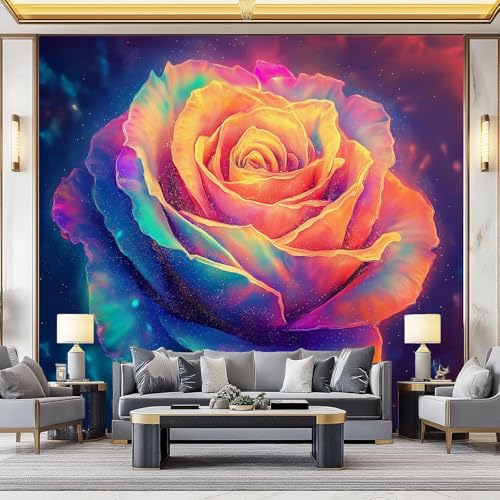 Photo Wallpaper Non-Woven Premium Art Print Fleece Wall Mural Decoration Rainbow Rose Fantasy Gradient Color Bedroom Living Room Hallway Sofa Backdrop Wall Decor Color Purple