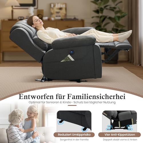 Consofa Fernsehsessel Elektrisch Verstellbar Massagesessel Mit Liegefunktion Vibration Heizung Relaxsessel Mit Versteckte GeträNkehalter Typ C & USB-AnschlüSse Tv Sessel FüR Wohnzimmer (Grau) – Bild 4