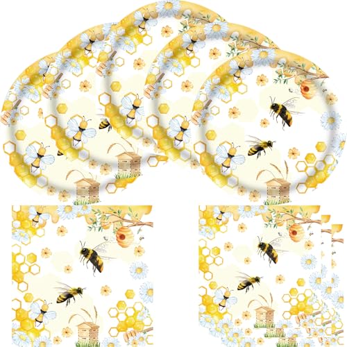 HJFZLY Bee Birthday Party Supplies 20 Plates and 20 Napkins Bee Theme Birthday Party Decoration for Baby Shower Gender Revea