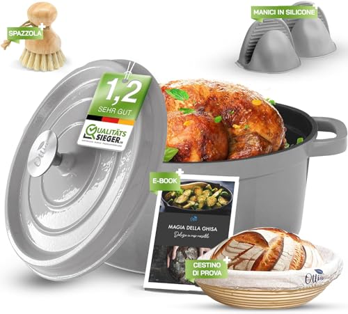 Ottia Pentola in ghisa per pane, ideale per il pane, forno olandese, teglia da 6 l, con gommini sul coperchio, adatta per tutti i piani cottura, rivestimento smaltato, incluso libro di ricette, ST26