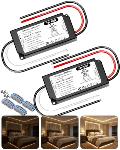 12V Dimmable LED Driver 60W UL &amp; FCC Listed Triac ELV/MLV 2 Pack