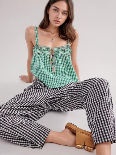 Image of YKR Plaid Pants for Women Gingham Lounge Wide Leg Low Waist Pajama Pants Elastic Waist Trousers with Pocket