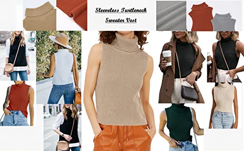 Image of Womens Sleeveless Sweater Vest Turtleneck Ribbed Knit Tank Tops Basic Slim Fit Top