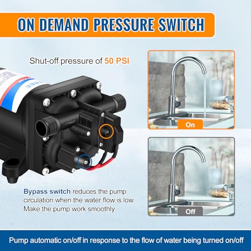 Image of YOUNGTREE 12V RV Water Pump 3.5GPM 55PSI On Demand Fresh Water Pressure Diaphragm Pump 12 Volt Self Priming with Pressure Switch for RV Camper Marine Sprayer Outdoor Shower Kitchen Garden