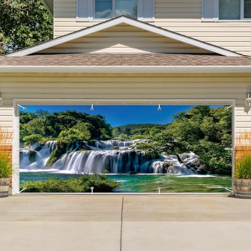 CSFOTO 6x13ft Waterfall Theme Garage Door Decorative Banner Spring Natural Landscape Woodland Lake Garage Decoration Mural Green Mountain Forest Interior Decoration Wallpaper