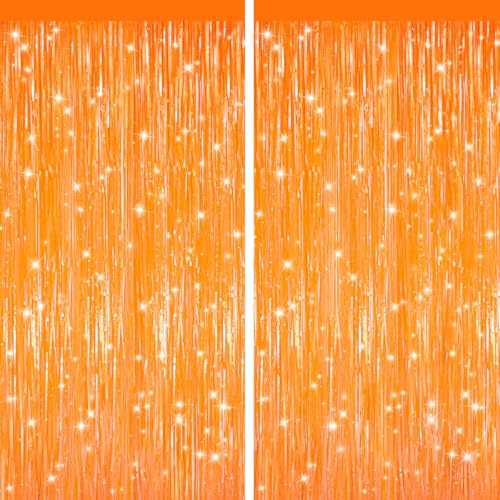 Image of GCB 2Pack Orange Fringe Curtain Party Streamers, Foil Fringe Backdrop Curtains for Birthday Decorations Wedding Graduation Bridal Baby Shower Tinsel Streamers Orange Party Decorations Door Streamer