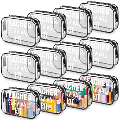 Kacctyen 12 Pcs Summer Teacher Survival Kit Bag Teacher Appreciation Gift Bulk Clear Graduation Gift Transparent PVC Makeup Pouch Toiletry Bag Cosmetics for Retirement Travel Organizer Supply(Black)