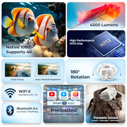 Image of OTEK PIXA Smart Projector with WiFi Bluetooth Native 1080P Full HD 4K Support Netflix Prime Video Android 11 Auto Focus Portable Home Theater Cinema Projector for Home Office