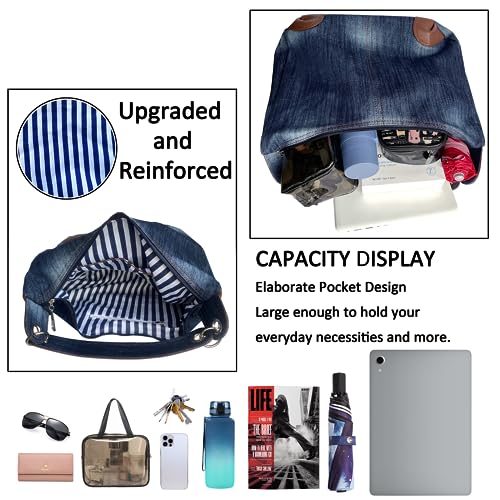 Image of Denim Handbags for Women Jean Purse with Multiple Pockets Denim Blue Pocketbooks Tote Hobos Crossbody Bags