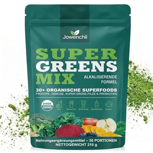Grüne Entgiftungspulver, Grünes Superfood Pulver Helfer– 33 Zutaten mit Spirulina, Chlorella, Pflanzenstoffen – Greens Pulver mit Ballaststoffen, Enzymen & Probiotika – Vegan, ohne Zuckerzusatz