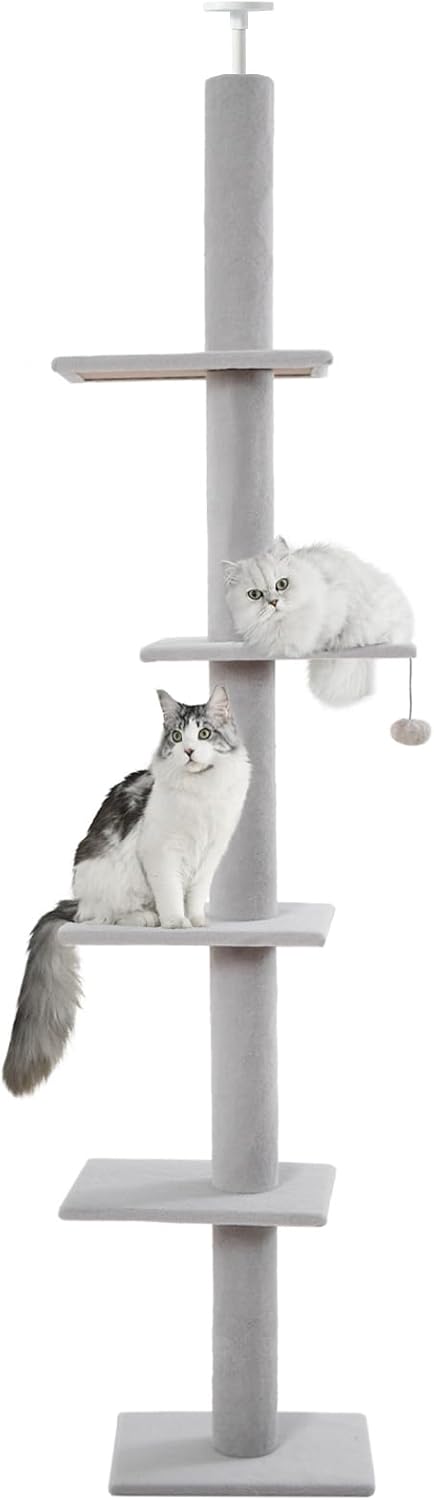 cat tree floor to ceiling cat tower 5-tier carpet kitten tree cat climbing tower with adjustable height 98"-108", tall cat trees with platforms and dangling balls for indoor cats, ash grey