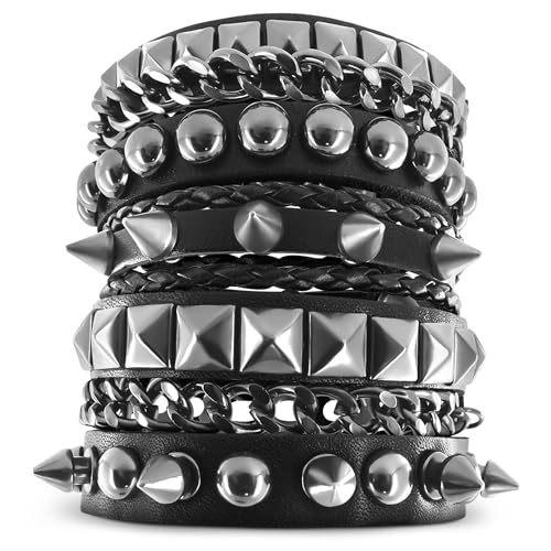 3 Pcs Leather Studded Bracelet for Men and Women Adjustable Punk Rock Studded Bracelets with Metal Spikes and Chains Wristbands for Concerts Parties Photoshoots and Alternative Style Outfits