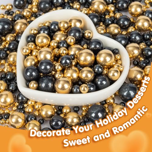 Image of Edible Pearl Sprinkles for Cake Decorating,130g Black and Gold Candy Sprinkle Mixing Size,Baking Pearls Cake Cupcake Toppers,Cookie Donuts Ice Cream Decorations,Wedding Birthday Party Supplies