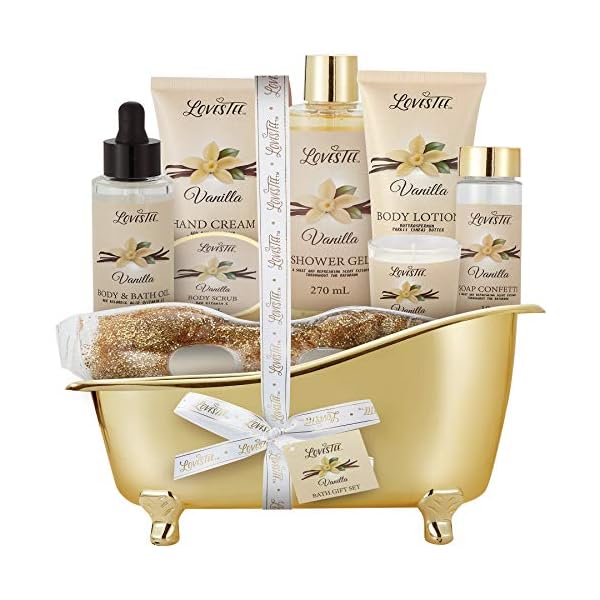 Spa-Gift-Basket-for-Women-Vanilla-Bath-Body-Set-Christmas-Mothers-Day-Birthday-Gift-Includes-Shower-Gel-Body-Lotion-Hand-Cream-Body-Scrub-Message-Oil-Candle-Eye-Mask-Soap-Confetti Christmas Spa Gift Basket for Women, Vanilla Bath & Body Set, Christmas, Mother’s Day & Birthday Gift, Includes Shower Gel, Body Lotion, Hand Cream, Body Scrub, Message Oil, Candle, Eye Mask, Confetti