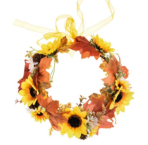 DDazzling Women Flower Headband Wreath Crown Floral Wedding Garland Wedding Festivals Photo Props (Yellow Sunflower Orange Leaf) - Thumbnail 2