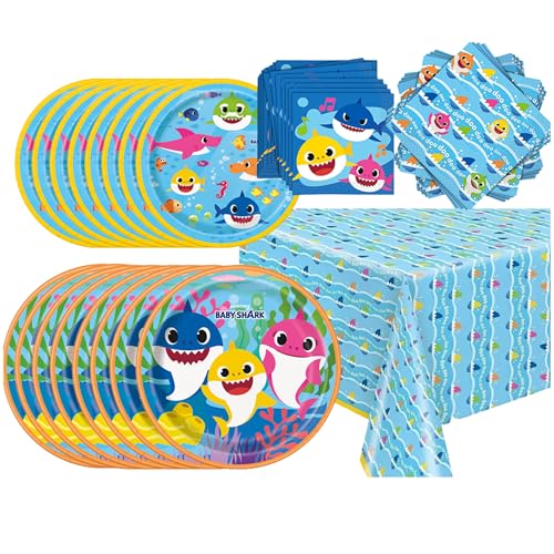 Unique Baby Shark - Party Supplies and Decorations Bundle | Serves 16 Guests | Includes Plates Napkins Table Cover & Stickers | Playful Baby Shark Birthday Party Set for Kids | Officially Licensed