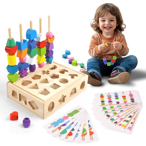 Aeocidy 3-in-1 Montessori Holzspielzeug ab 3 Jahre – Lernspiel mit Perlen, Fädelspiel & Sortierspiel – Motorikspielzeug für Kinder – Geschenk für Mädchen & Jungen 3 4 5 Jahre