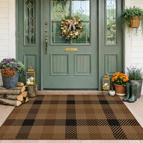 Brown Checkered Rug for Under Door Mat Outdoor - 2'3" x 3'7" (27.5" x 43") Washable Easy Jute Plaid Rug for Entryway, Kitchen, Earthy & Coffee Rustic