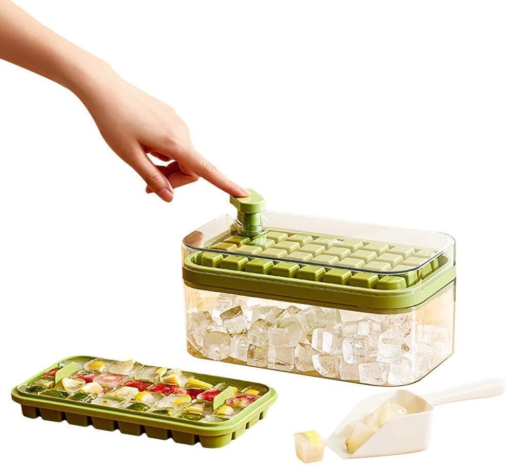 Image of Homecloud 2-Layer Ice Cube Tray with Lid & Bin - BPA-Free Square Ice Cube Molds with Scoop, Easy One-Tap Release, Space-Saving Ice Storage Container, Makes 64 Cubes (Green)