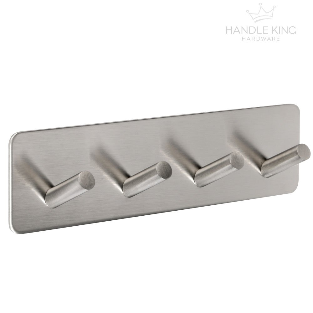 Stick On Robe Hooks Rack of 4 Stick On Hooks on Self Adhesive Backplate - Brushed Stainless Steel