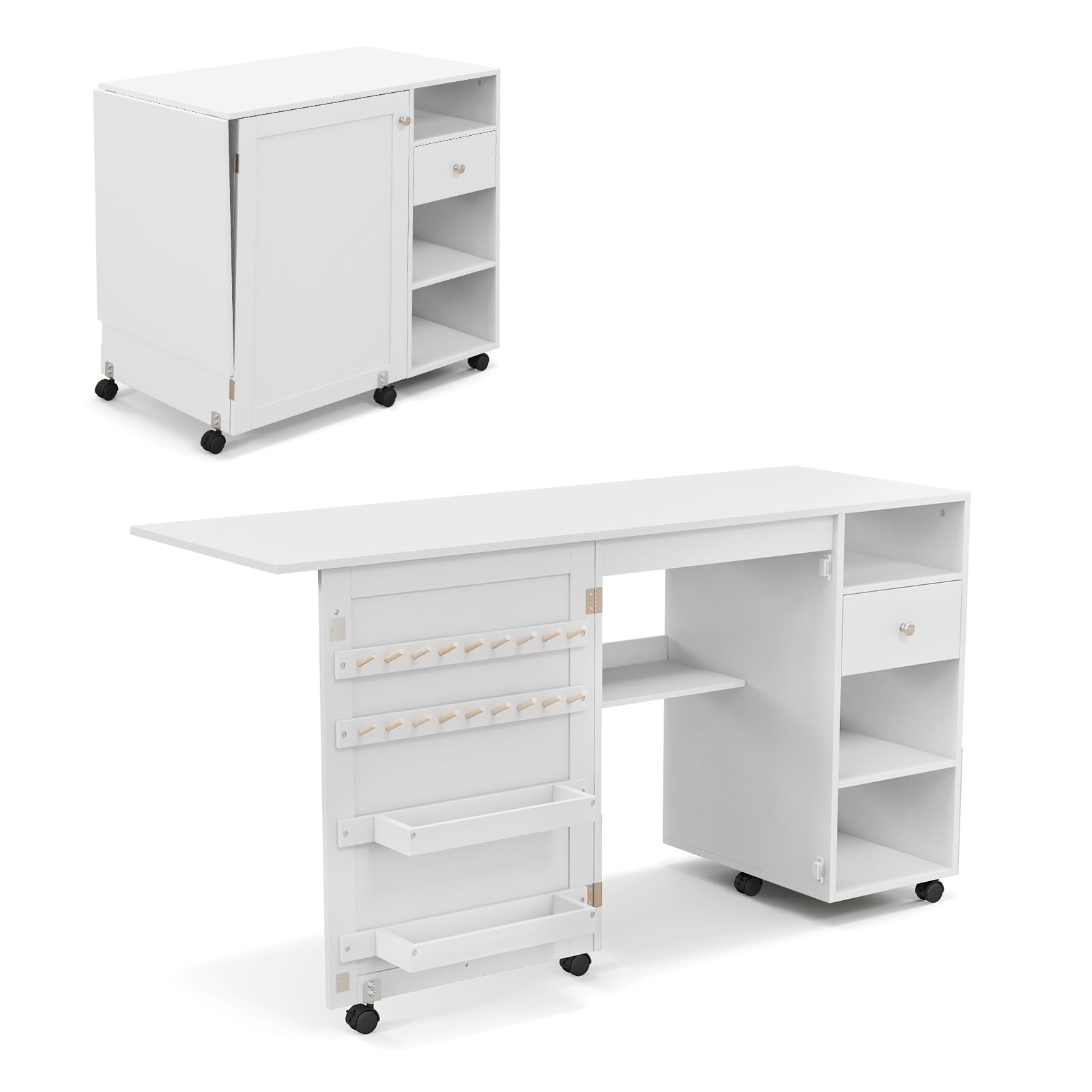 LIFEZEAL Table de Couture Pliante, Armoire pour Machine à Coudre avec Etagères de Rangement, Crochets, Bureau de Couture Réglable avec 6 Roues Verrouillables, Design Compact, Blanc