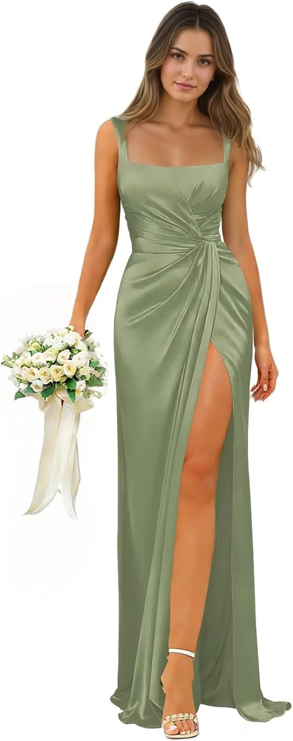 Women’s Satin Bridesmaid Dresses 2026 A -Line Mermaid Slit Ruched Spaghetti Straps Wedding Guest Dresses