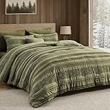 Wonderful Army Green Comforter Set Queen Size, Yarn Dyed Farmhouse Striped Cotton Lightweight Boho Comforter with Pillow Shams, Fluffy Bedding Set for All Season