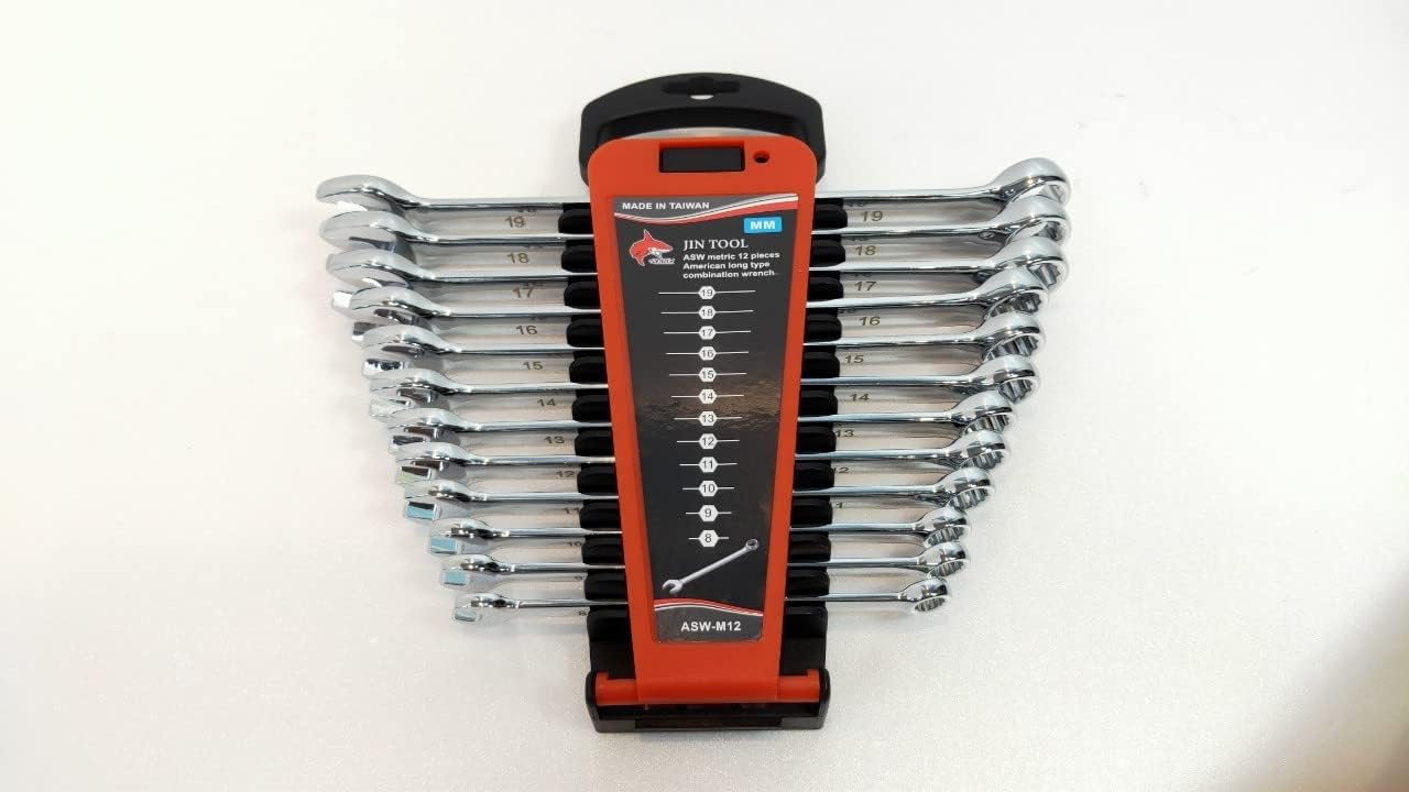 JIN TOOL-Made in Taiwan-Long Pattern Combination Wrench Set - Metric (12 PCS, 8-9-10-11-12-13-14-15-16-17-18-19MM) - CRV Steel - Long Reach Design Includes Wrench Rack & Color Box