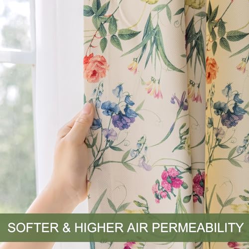 Image of SUOUO Red Floral Curtains for Living Room Chenille Light Filtering 84 Inches Long 2 Panels Patterned Green Yellow Wildflower Window Drapes for Dining Bedroom