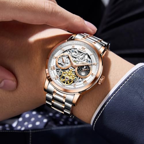 Image of OLEVS Automatic Men Watch Self Winding Mechanical Moon Phase Business Luxury Diamond Dress Stainless Steel Waterproof Luminous Mens Wrist Watch