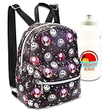 Nightmare Before Christmas Mini Backpack for Girls - 10” Faux Leather Jack Skellington Backpack with Front Pocket Plus Bottle | Jack and Sally Backpack Bundle