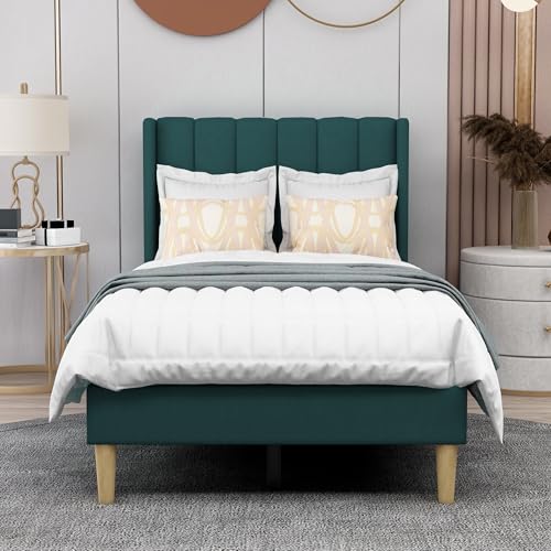 Image of AGARTT Upholstered Platform Bed Frame Twin Size, Ink Green Velvet