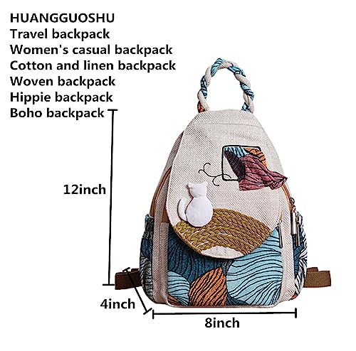 Image of Women's Cotton Hemp Cloth Backpack Boho Vintage Embroidered Casual Purse Handbag Messenger Bag with Cat Design