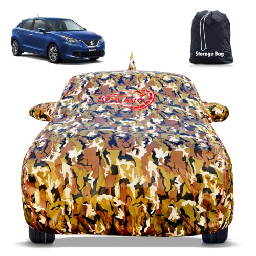 Image of Maruti Suzuki Baleno 2015-2022 Models 100% Waterproof Car Cover for All Weather Protection Mirror & Inner Cotton Triple Stitched Cover, Adjustable Belt Bottom Elastic (Jungle Print)