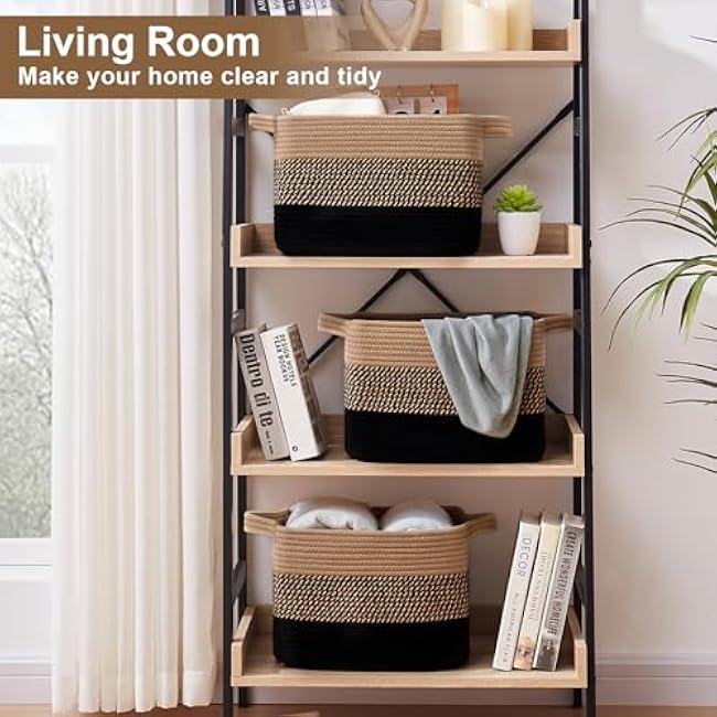 Storage Basket for Organizing, Woven Baskets for Storage, Rectangle Decorative Baskets for Shleves, Closet, Toys, Books, Nursery Organizer Bins - Pack of 3 (Black & Brown)