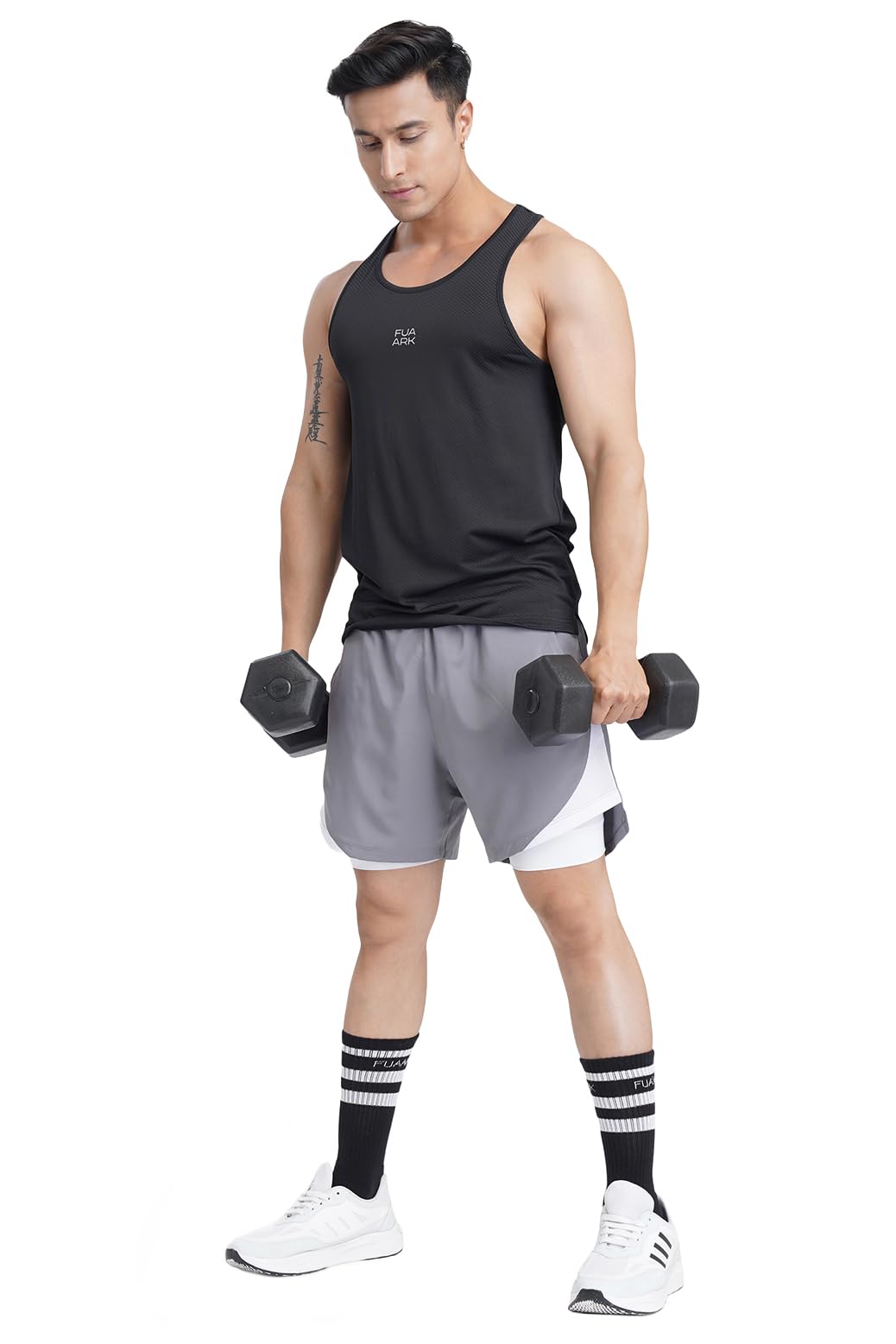 FUAARK 2 in 1 Compression Shorts for Men for Gym, Sports, Running & Cycling Activities with Pocket (Grey with White, L) 3