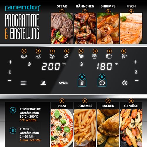 Arendo - Heißluftfritteuse Dual Zone mit 2 Kammern - XXL Kapazität 2 Fächer Doppelkammer – 2700 Watt - Airfryer Backofen Edelstahl - Touchscreen - 3D Umluftsystem - Antihaftbeschichtung - PFAS frei – Bild 4