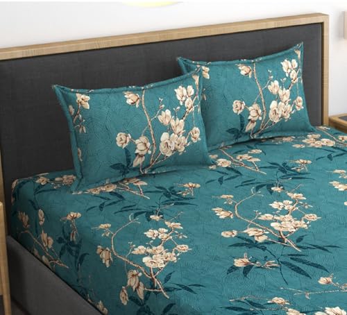 Image of Premium Heavy Cotton Elastic Fitted Bedsheets with 2 King Size Pillow Covers || Double Bed with All Around Elastic 350 TC || 72 x 78 Inch King Size Fitted || - Green Flower