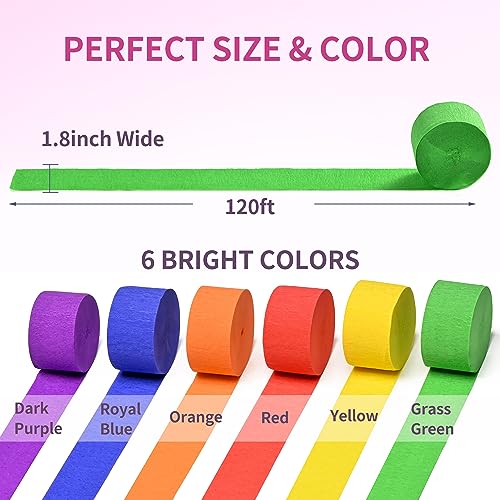 image for IBEEDOW Crepe Paper Streamers 6 Rolls 720ft, 6 Rainbow Colors Pack of 
