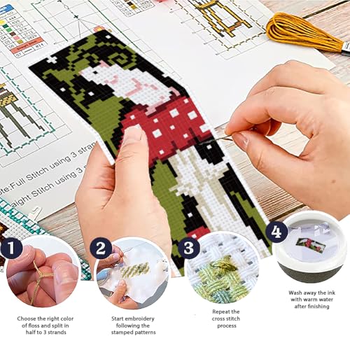 Image of ACRNIGHEET 6PCS Cross Stitch Bookmark Kit for Beginner Stamped Cross Stitch Kits for Adults Mushroom DIY Embroidery Bookmark Kits Needlepoint Kit with Instructions Hand Craft Gift 8.5''x3'' 11CT