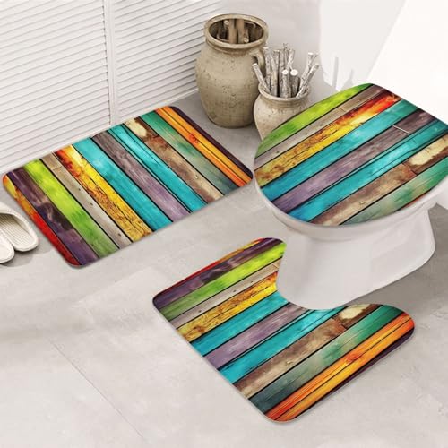 Dwrepo Colorful Wooden Boards Print Bathroom Rug Set 3 Piece with Non-Slip U-Shaped Contour Mat and Toilet Lid Cover for Bathroom Decoration